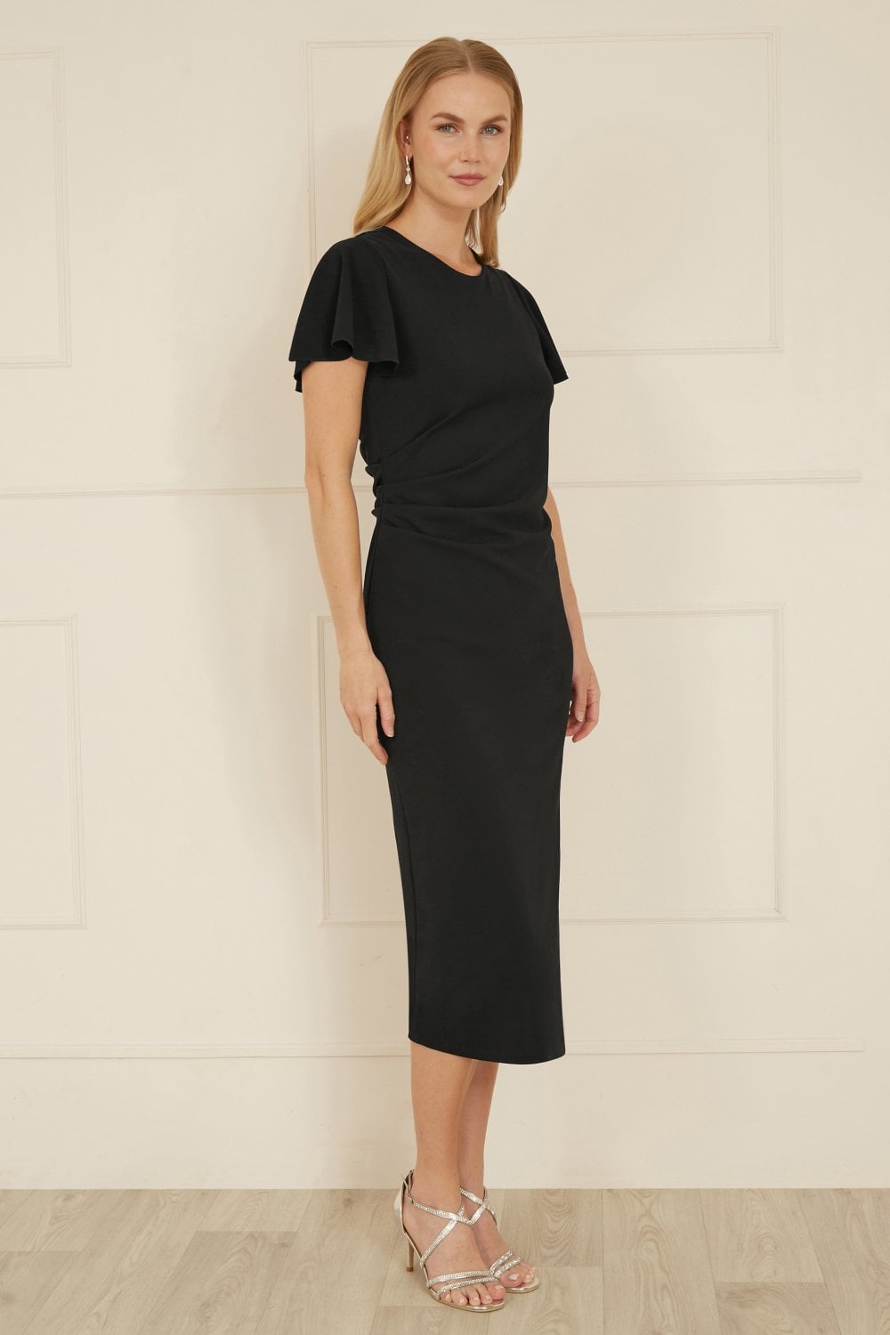 Yumi Black Ruched Waist Stretch Midi Dress