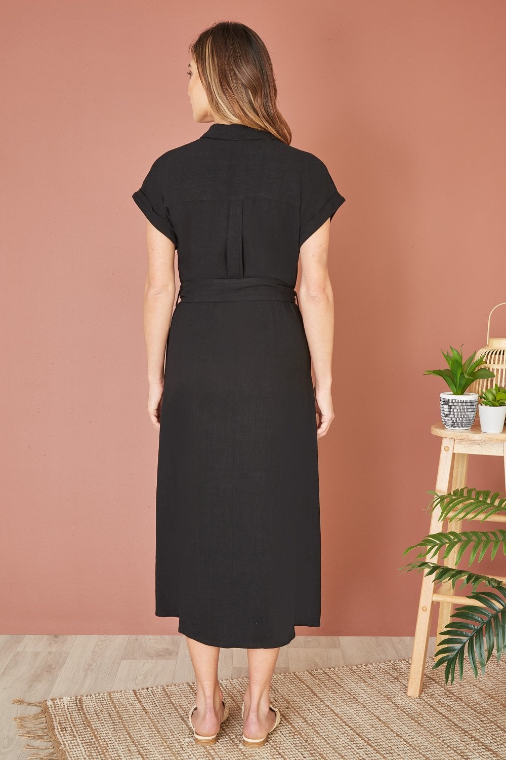 Yumi Black Viscose Linen Look Midi Shirt Dress With Wooden Belt
