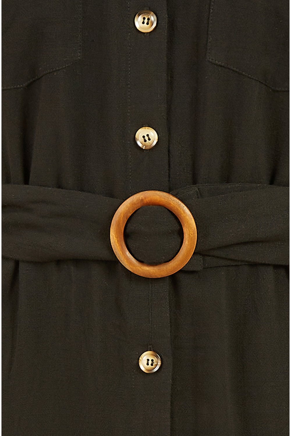 Yumi Black Viscose Linen Look Midi Shirt Dress With Wooden Belt
