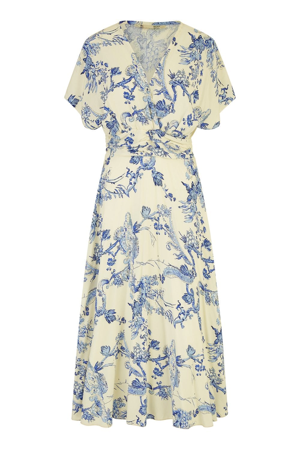 Yumi Blue And White Print Ruched Waist Kimono Midi Dress