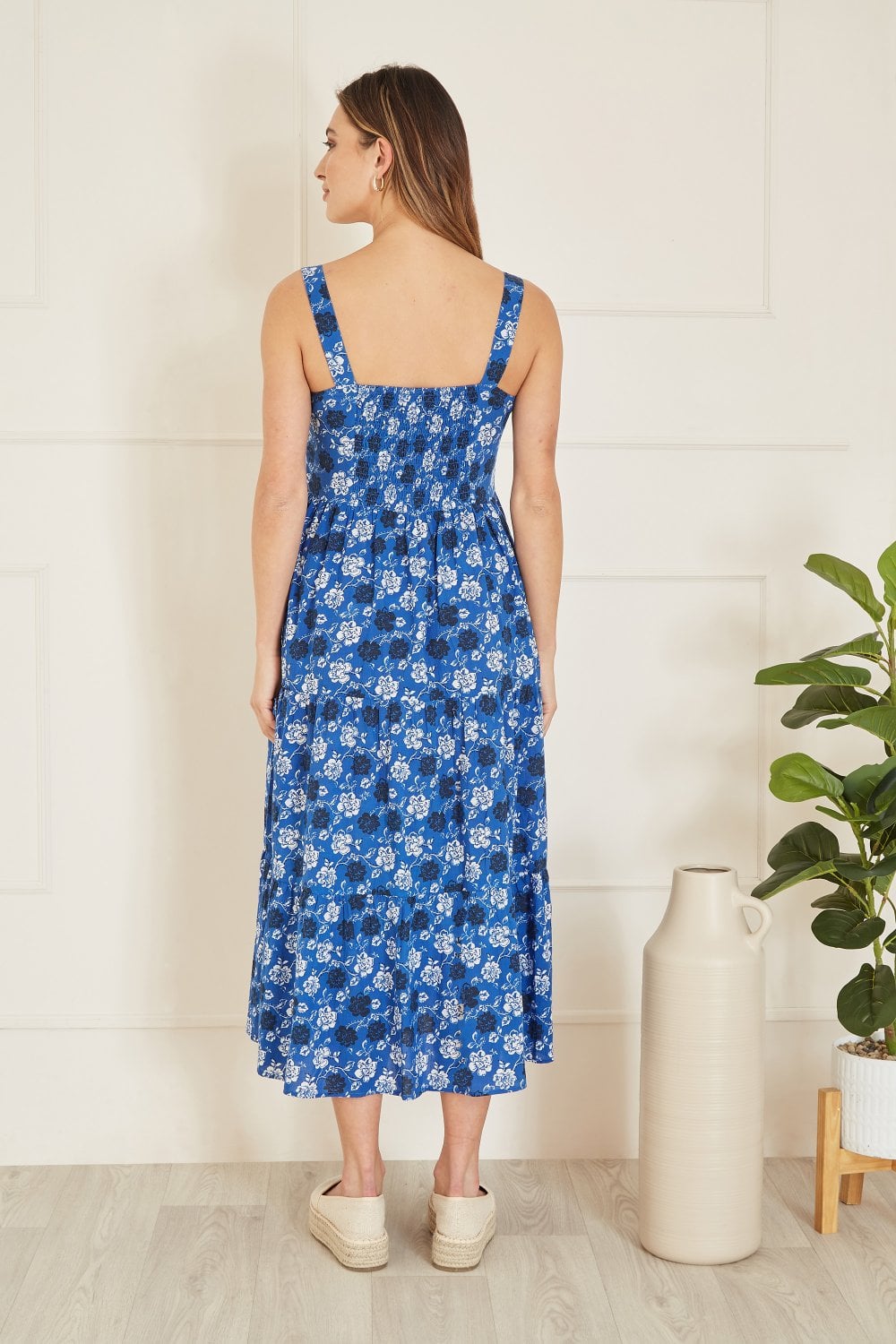 Yumi Blue Cotton Voile Floral Strappy Midi Sun Dress