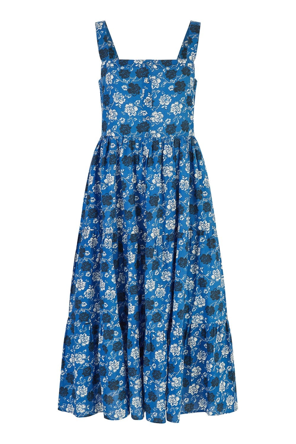 Yumi Blue Cotton Voile Floral Strappy Midi Sun Dress