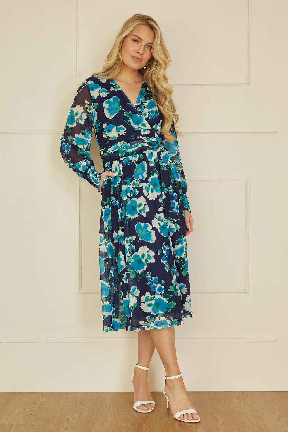 Yumi Blue Floral Mesh Wrap Dress With Long Sleeves