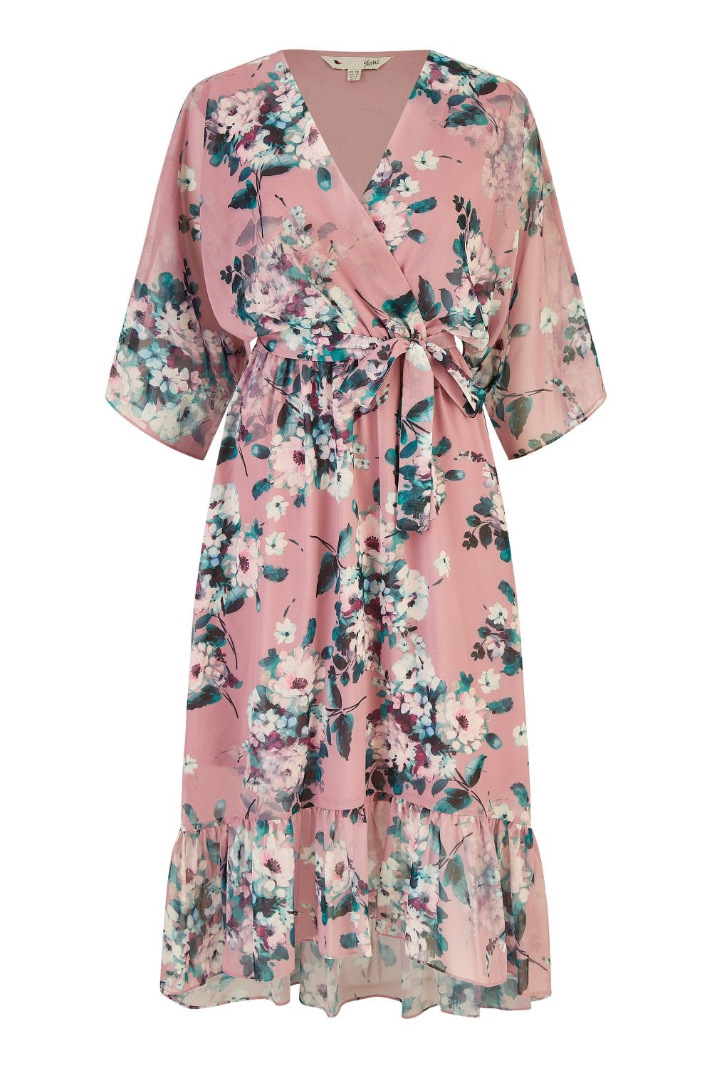 Yumi Blush Floral Kimono Dipped Hem Dress