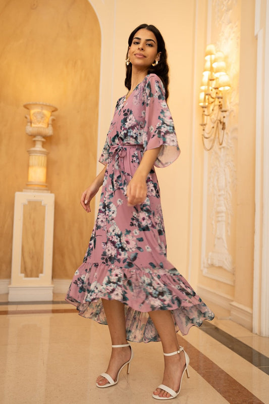Yumi Blush Floral Kimono Dipped Hem Dress