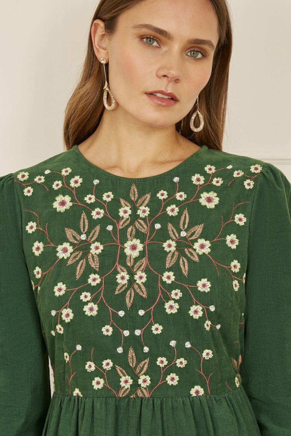 Yumi Green Long Sleeve Midi Dress With Floral Embroidery Bodice