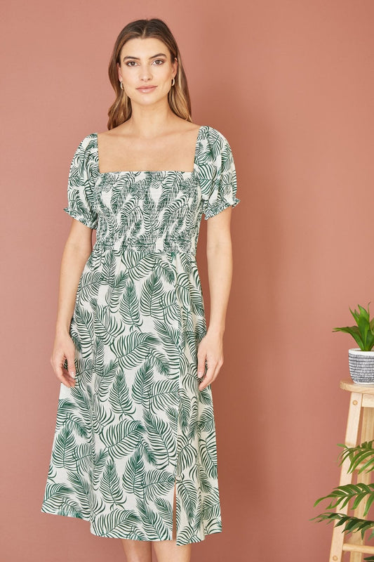Yumi Green Organic Cotton Palm Print Midi Dress With Side Split
