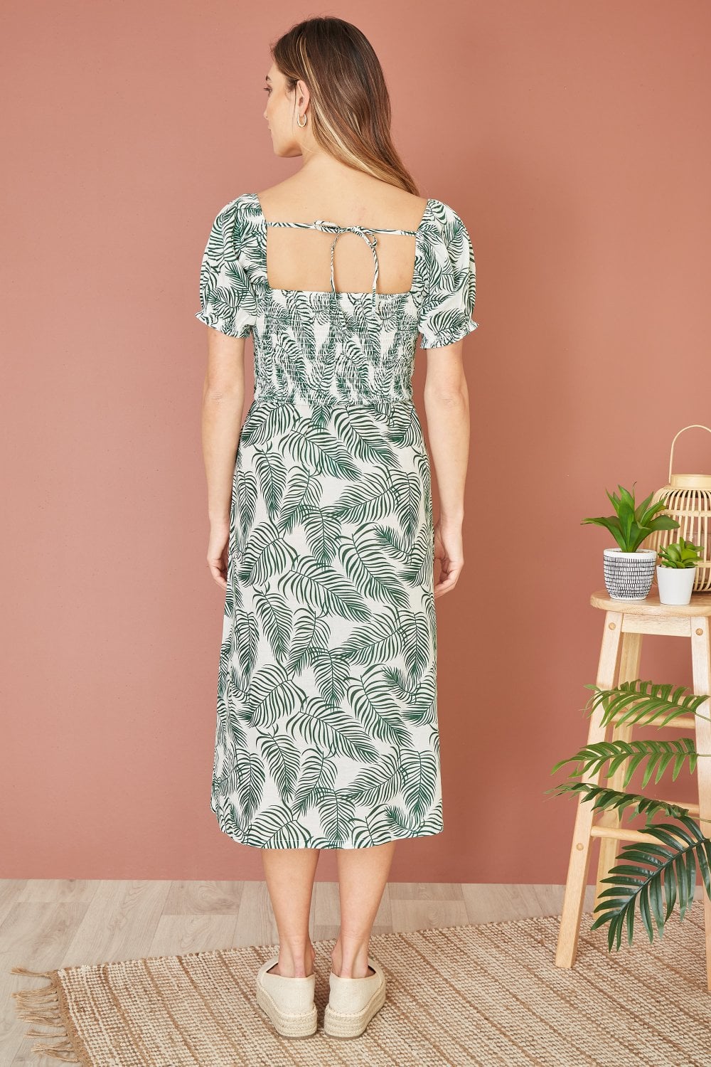 Yumi Green Organic Cotton Palm Print Midi Dress With Side Split