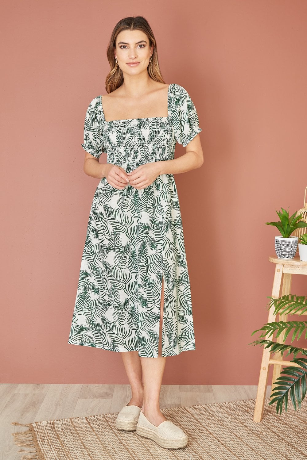 Yumi Green Organic Cotton Palm Print Midi Dress With Side Split