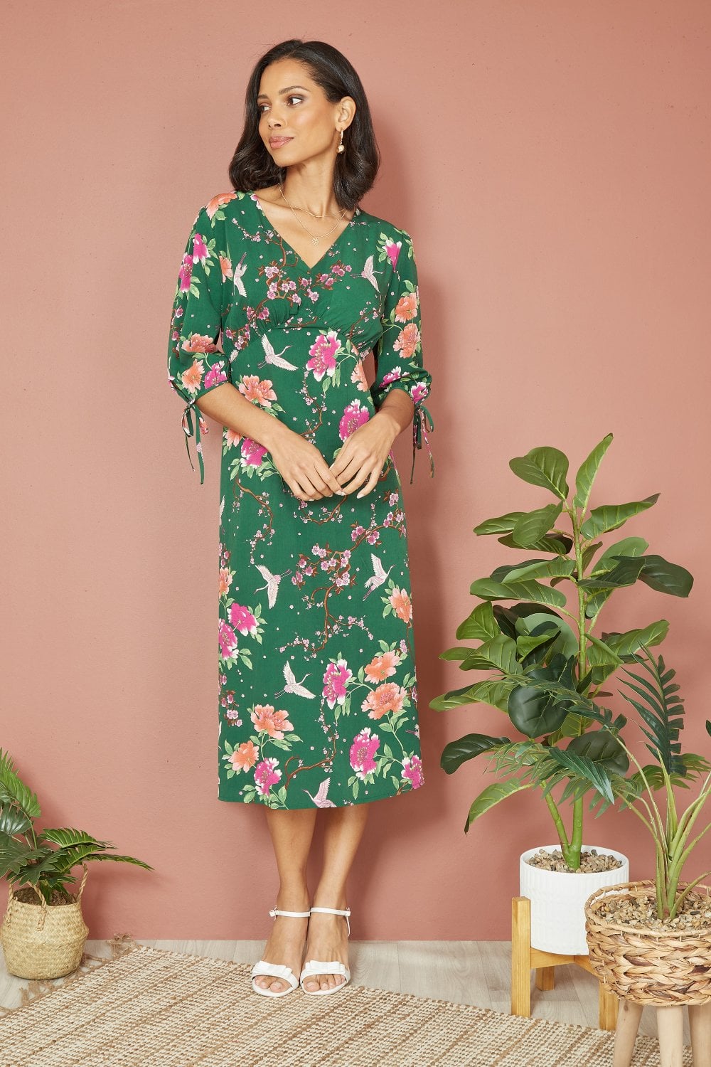Yumi Green Recycled Crane Print Kimono Midi Dress