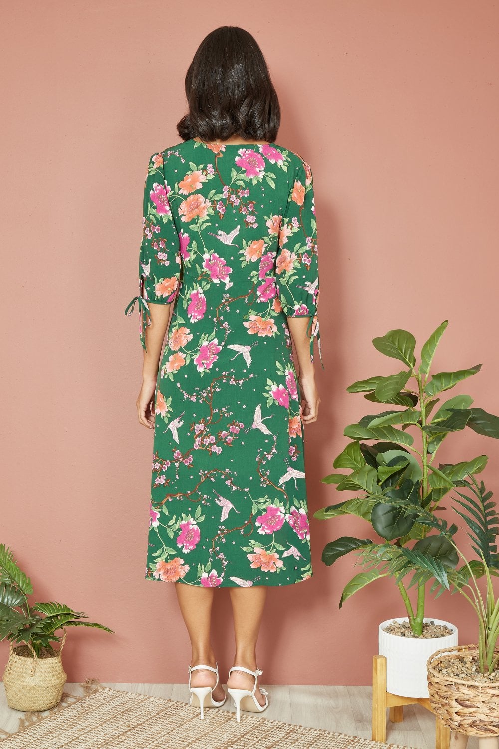 Yumi Green Recycled Crane Print Kimono Midi Dress