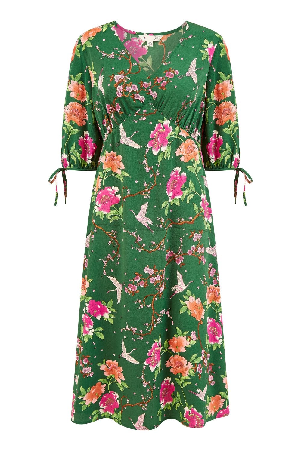 Yumi Green Recycled Crane Print Kimono Midi Dress