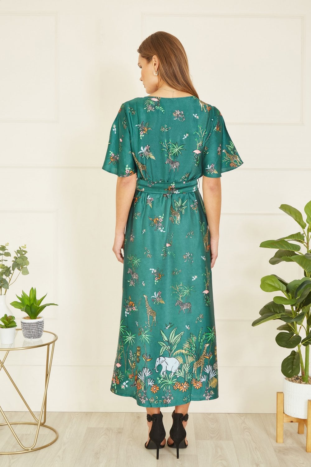 Yumi Green Satin Animal Safari Print Midi Shirt Dress