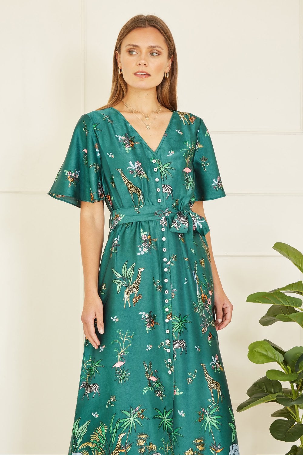 Yumi Green Satin Animal Safari Print Midi Shirt Dress