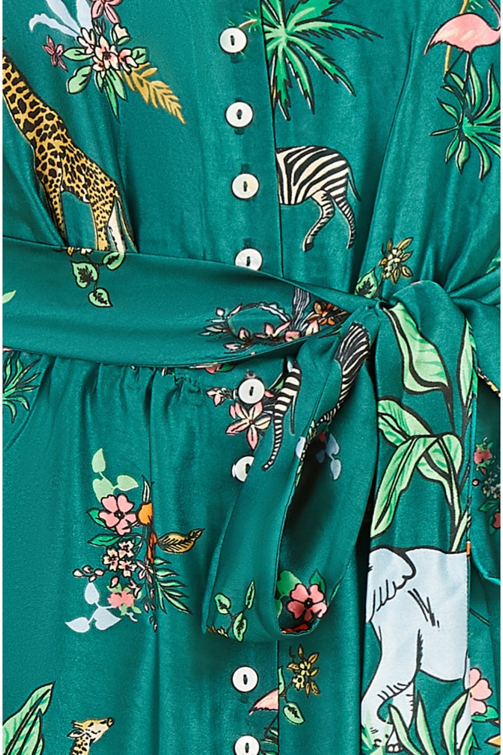 Yumi Green Satin Animal Safari Print Midi Shirt Dress