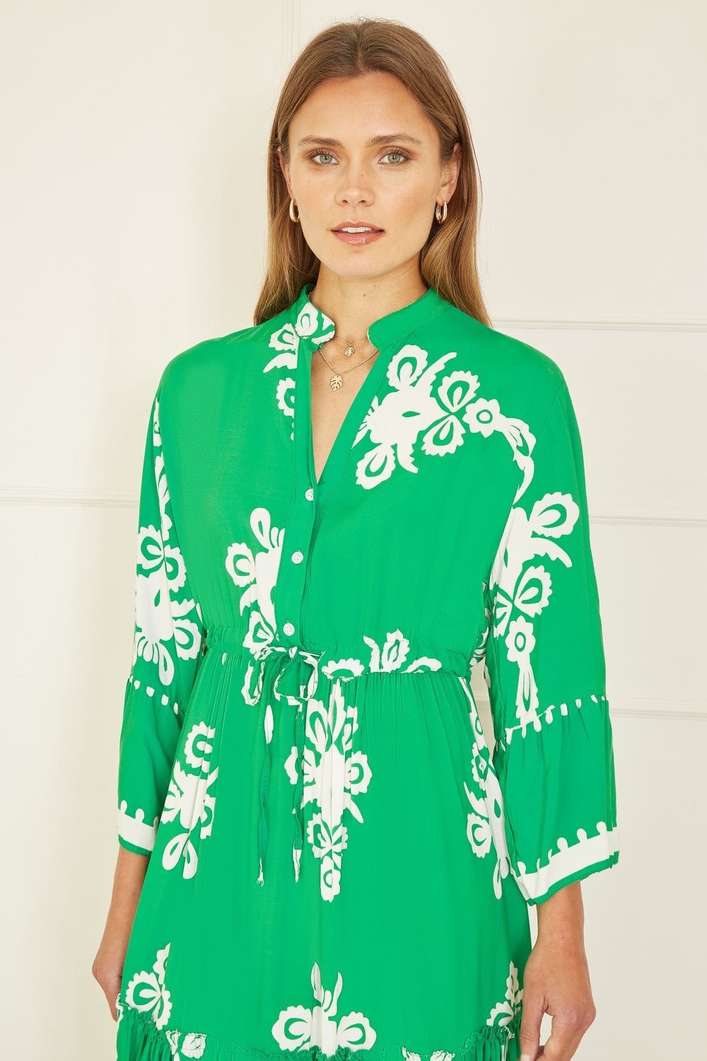 Yumi Green Viscose Midi Dress With Long Sleeves