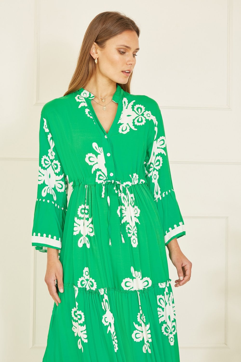 Yumi Green Viscose Midi Dress With Long Sleeves