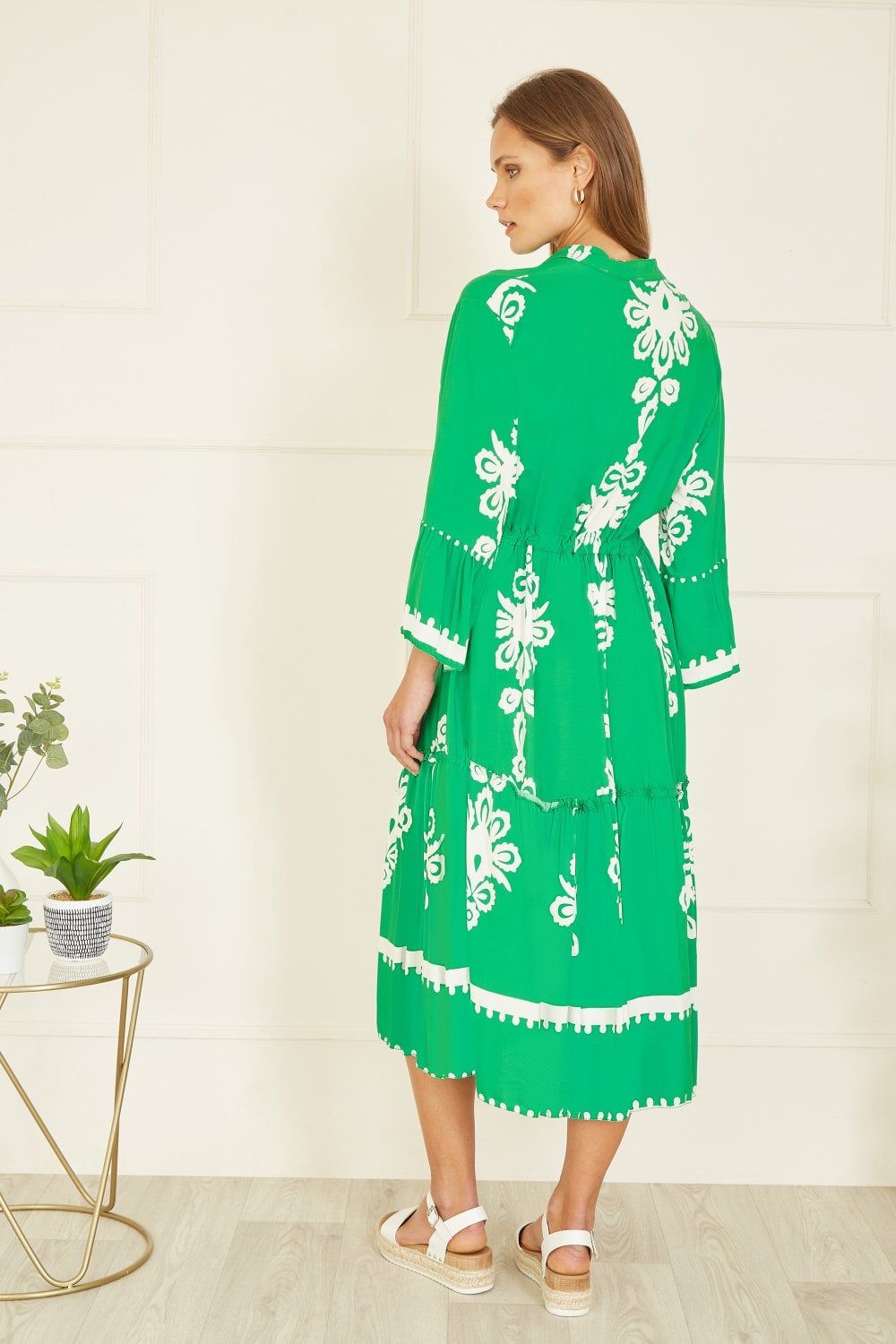 Yumi Green Viscose Midi Dress With Long Sleeves