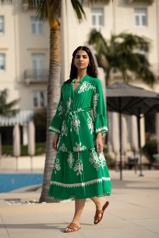 Yumi Green Viscose Midi Dress With Long Sleeves