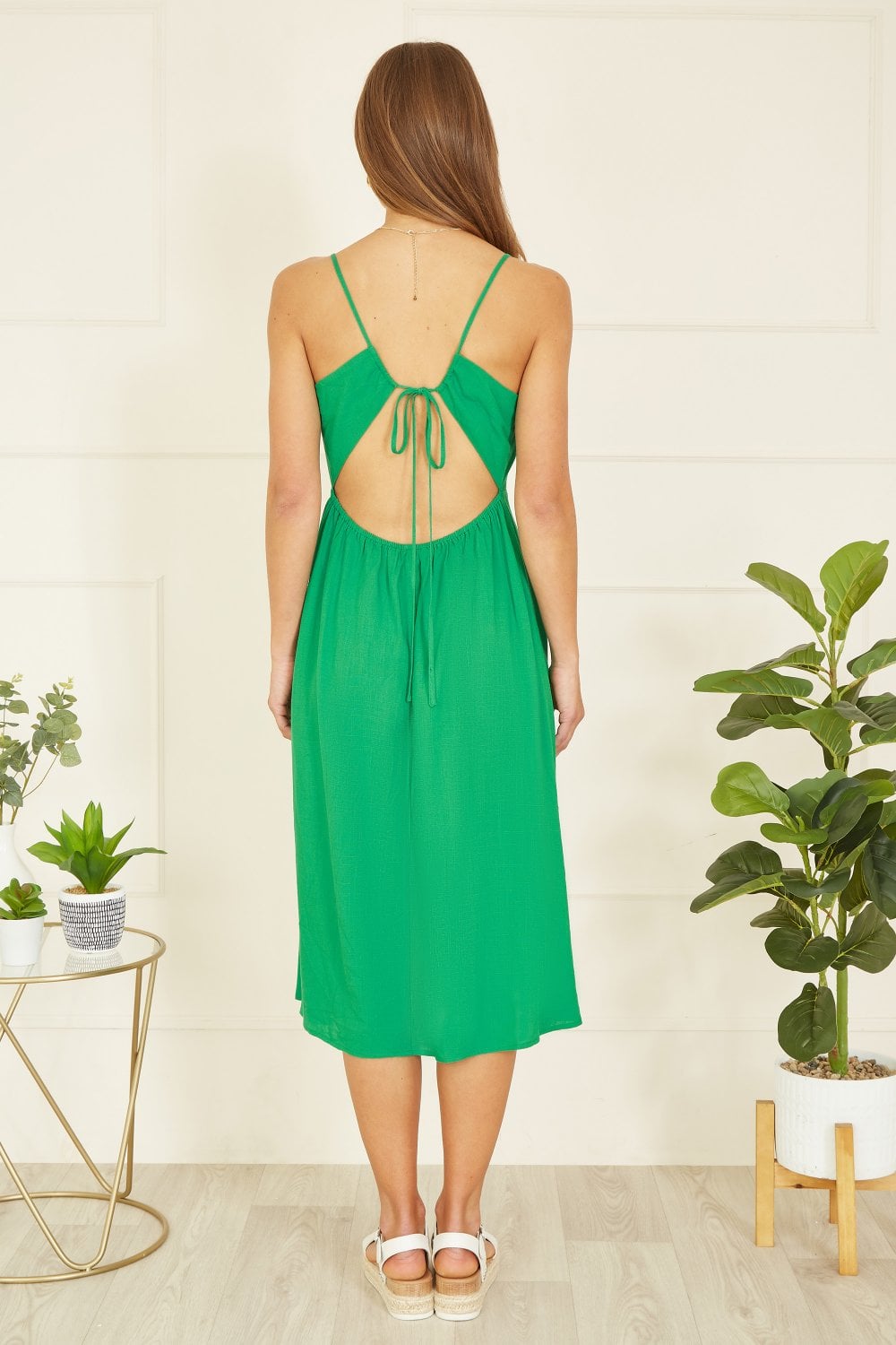 Yumi Green Viscose Tie Back Midi Sun Dress