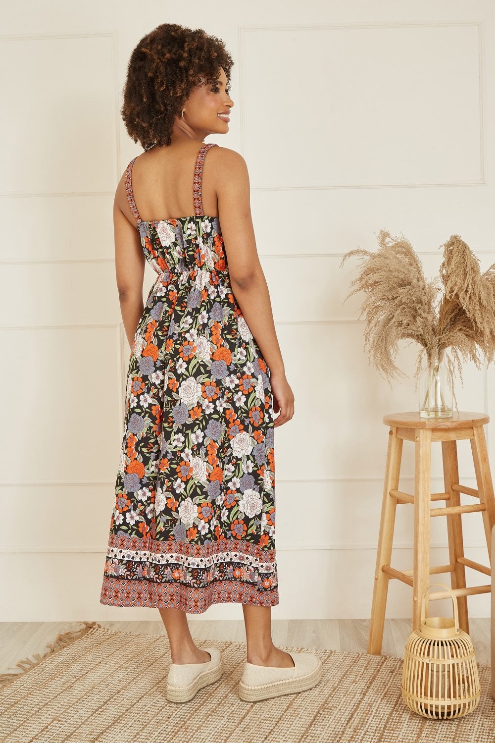 Yumi Multicolour Retro Floral Print Midi Sun Dress With Border Hem