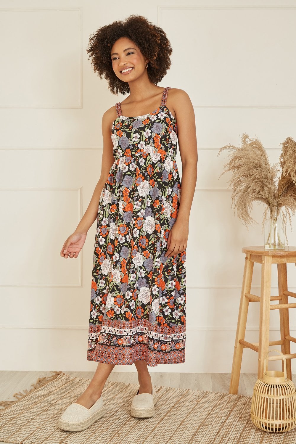 Yumi Multicolour Retro Floral Print Midi Sun Dress With Border Hem