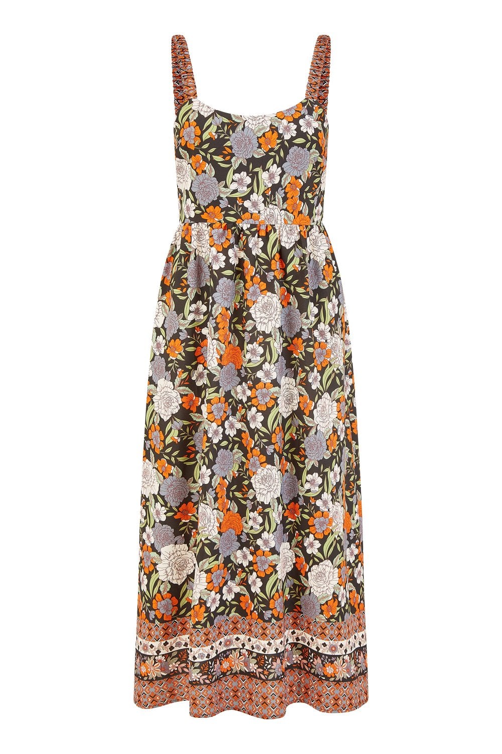 Yumi Multicolour Retro Floral Print Midi Sun Dress With Border Hem