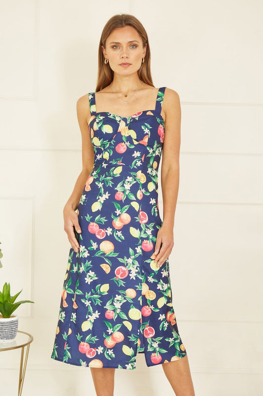 Yumi Navy Fruit Print Strappy Sundress With Front Split