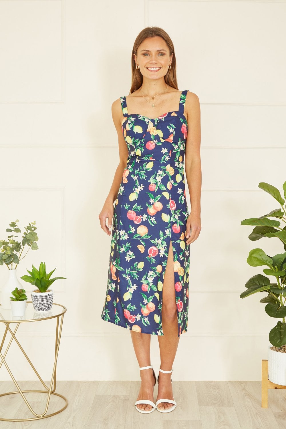 Yumi Navy Fruit Print Strappy Sundress With Front Split