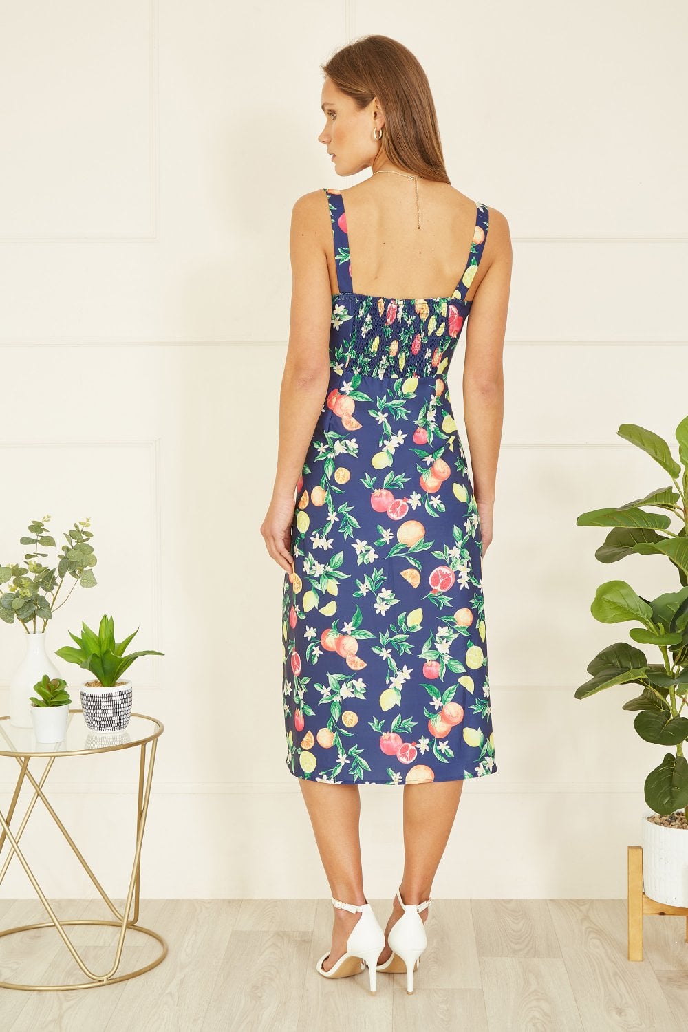 Yumi Navy Fruit Print Strappy Sundress With Front Split