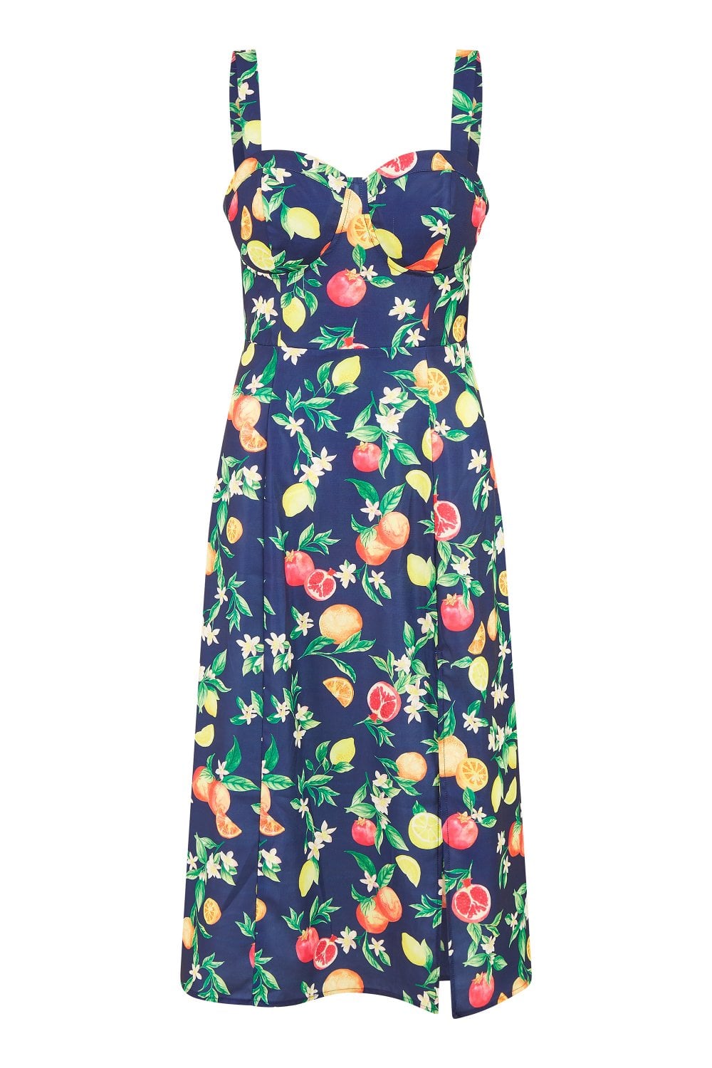 Yumi Navy Fruit Print Strappy Sundress With Front Split