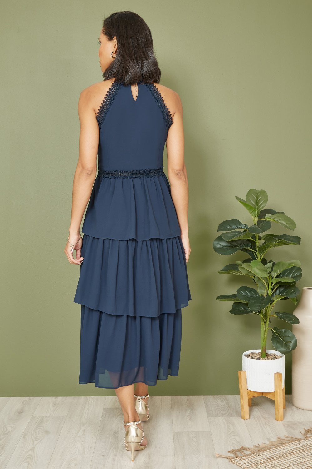Yumi Navy Lace Halter Neck Midi Dress With Tiered Hem