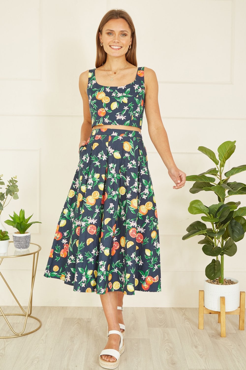 Yumi Navy Organic Cotton Citrus Print Midi Skirt
