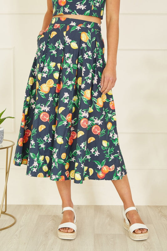 Yumi Navy Organic Cotton Citrus Print Midi Skirt