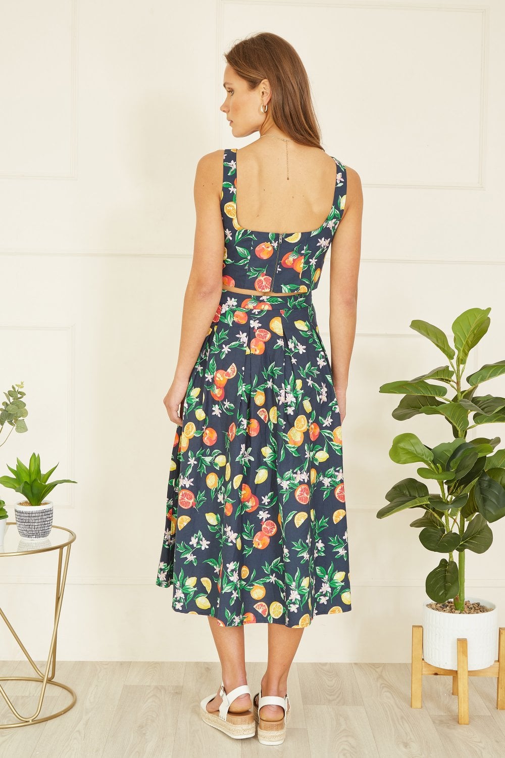 Yumi Navy Organic Cotton Citrus Print Midi Skirt