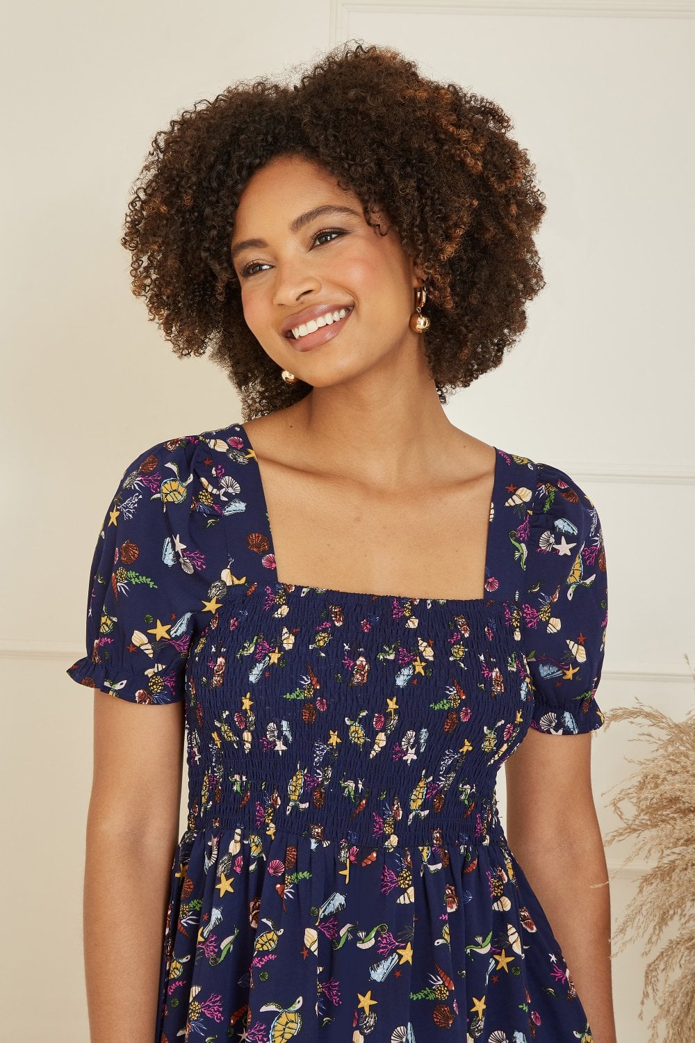 Yumi Navy Recycled Fabric Sealife Midi Dress