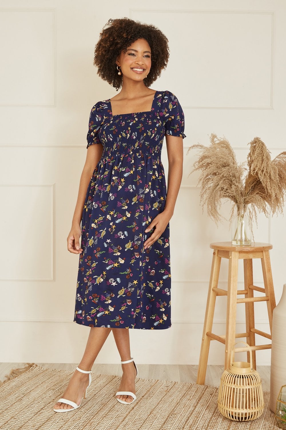 Yumi Navy Recycled Fabric Sealife Midi Dress