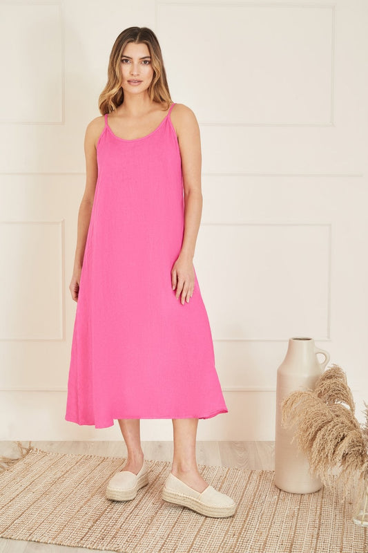Yumi Pink Italian Linen Relaxed Fit Midi Sundress