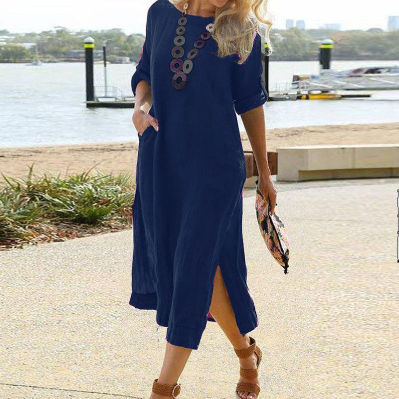 Solid Color Women Casual Short Sleeve Maxi Dress