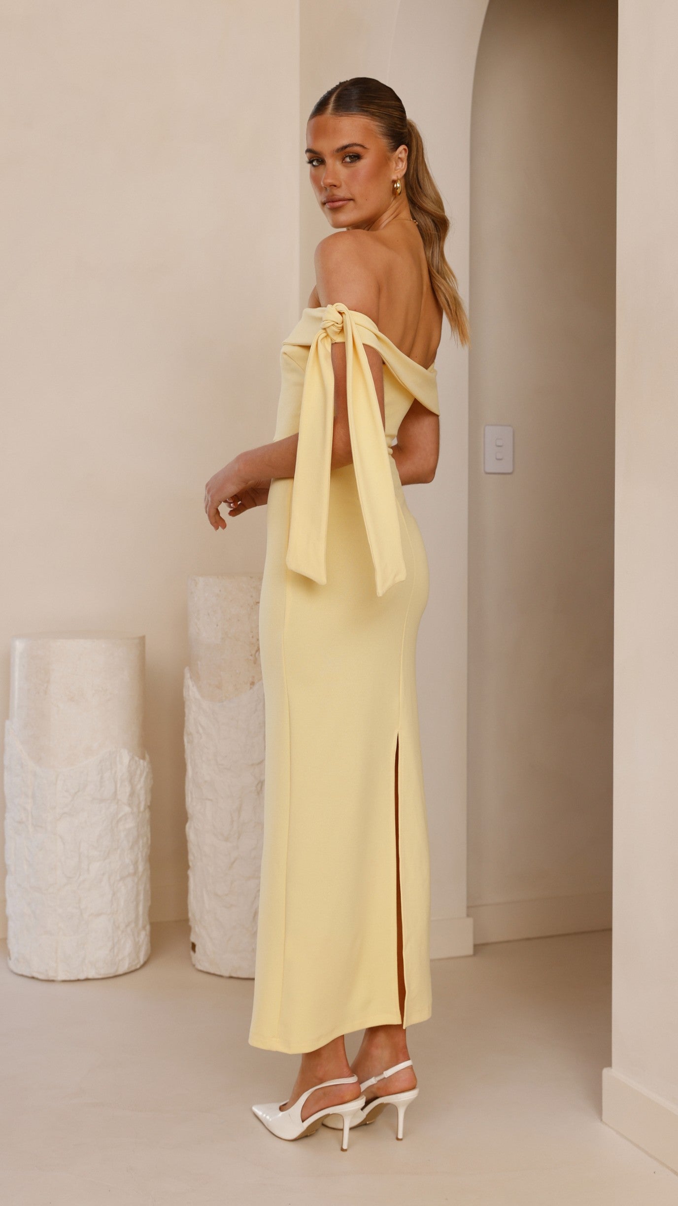 Halen Off Shoulder Midi Dress - Lemon
