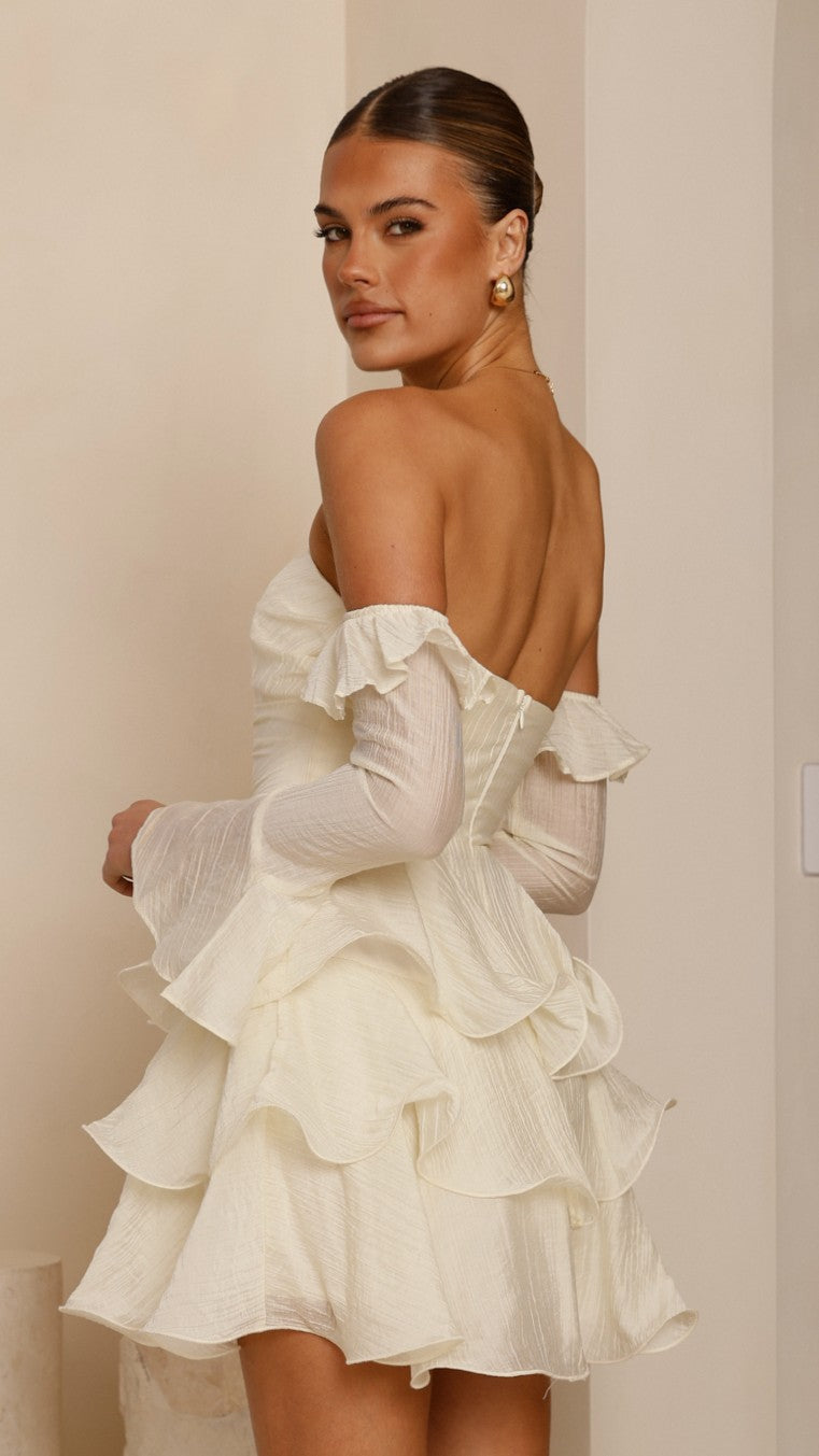 Harsha Off Shoulder Long Sleeve Mini Dress - Cream