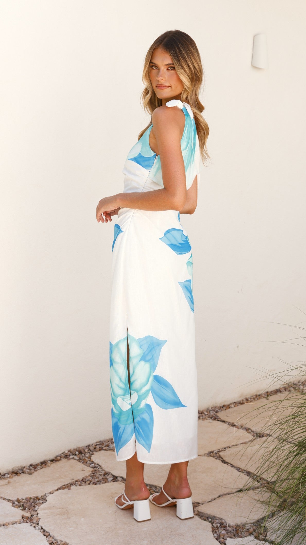 Maisy Shoulder Tie Midi Dress - Blue Teal