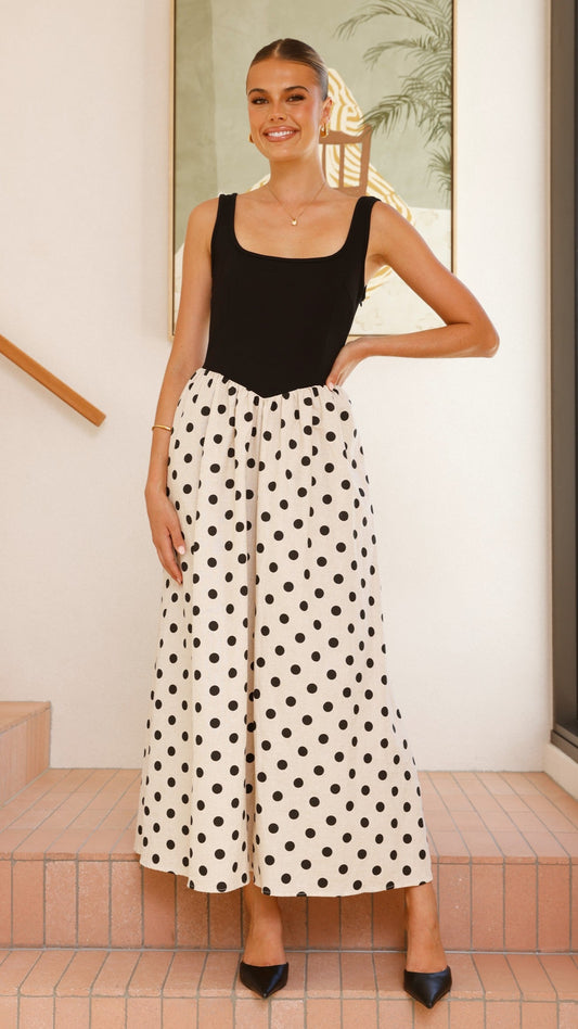 Leoni Maxi Dress - Oat/Black Spot