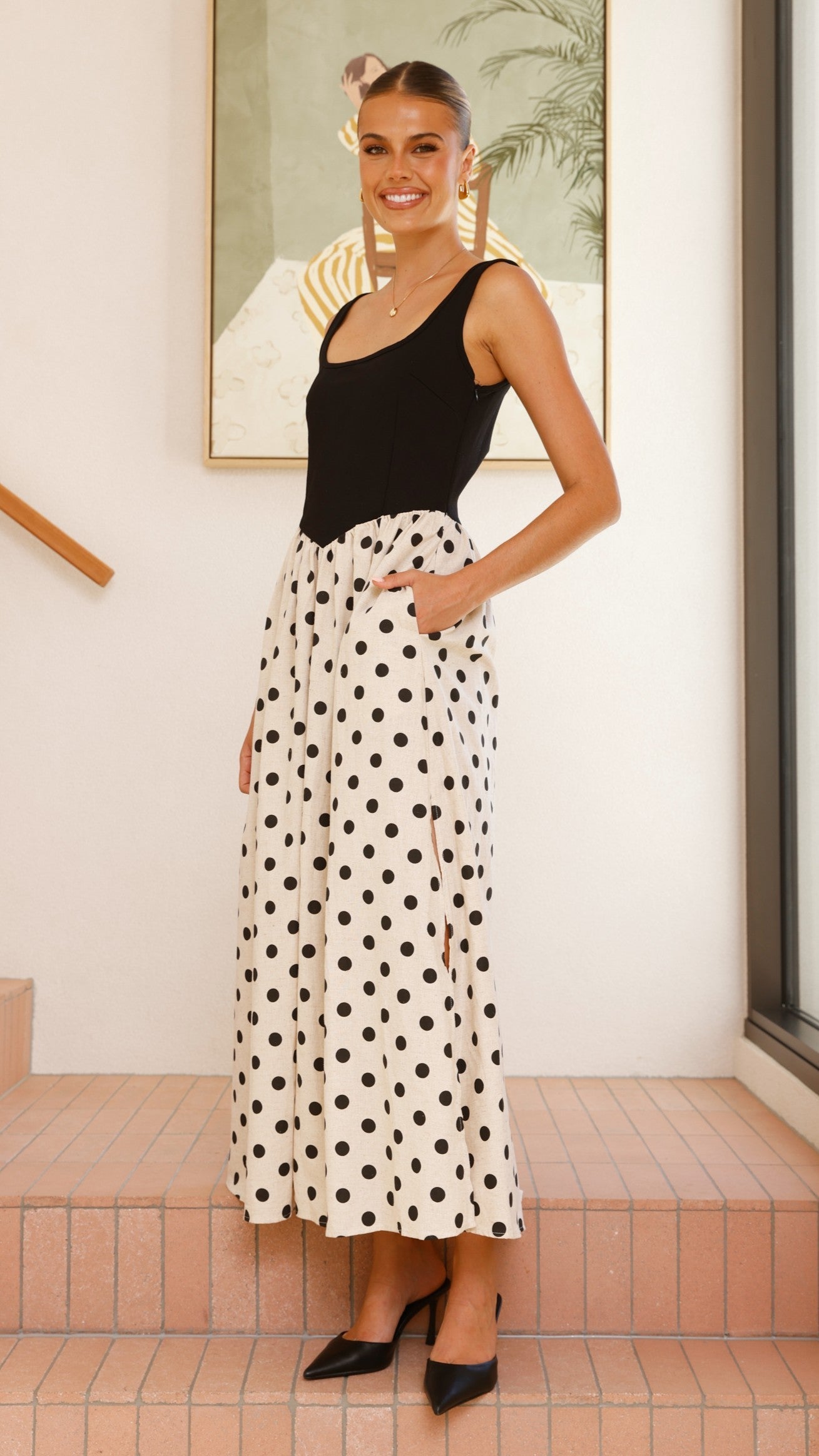 Leoni Maxi Dress - Oat/Black Spot