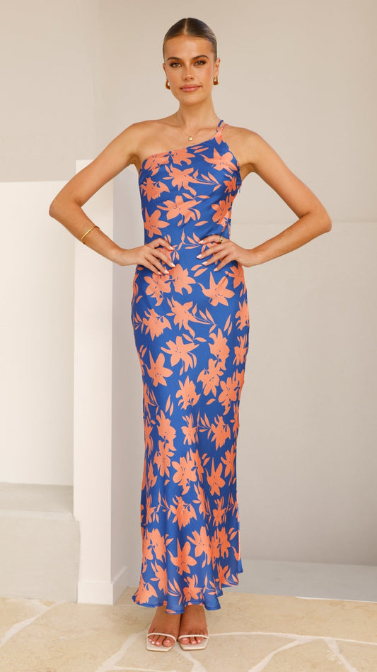 Verity One Shoulder Maxi Dress - Orange/Blue Floral