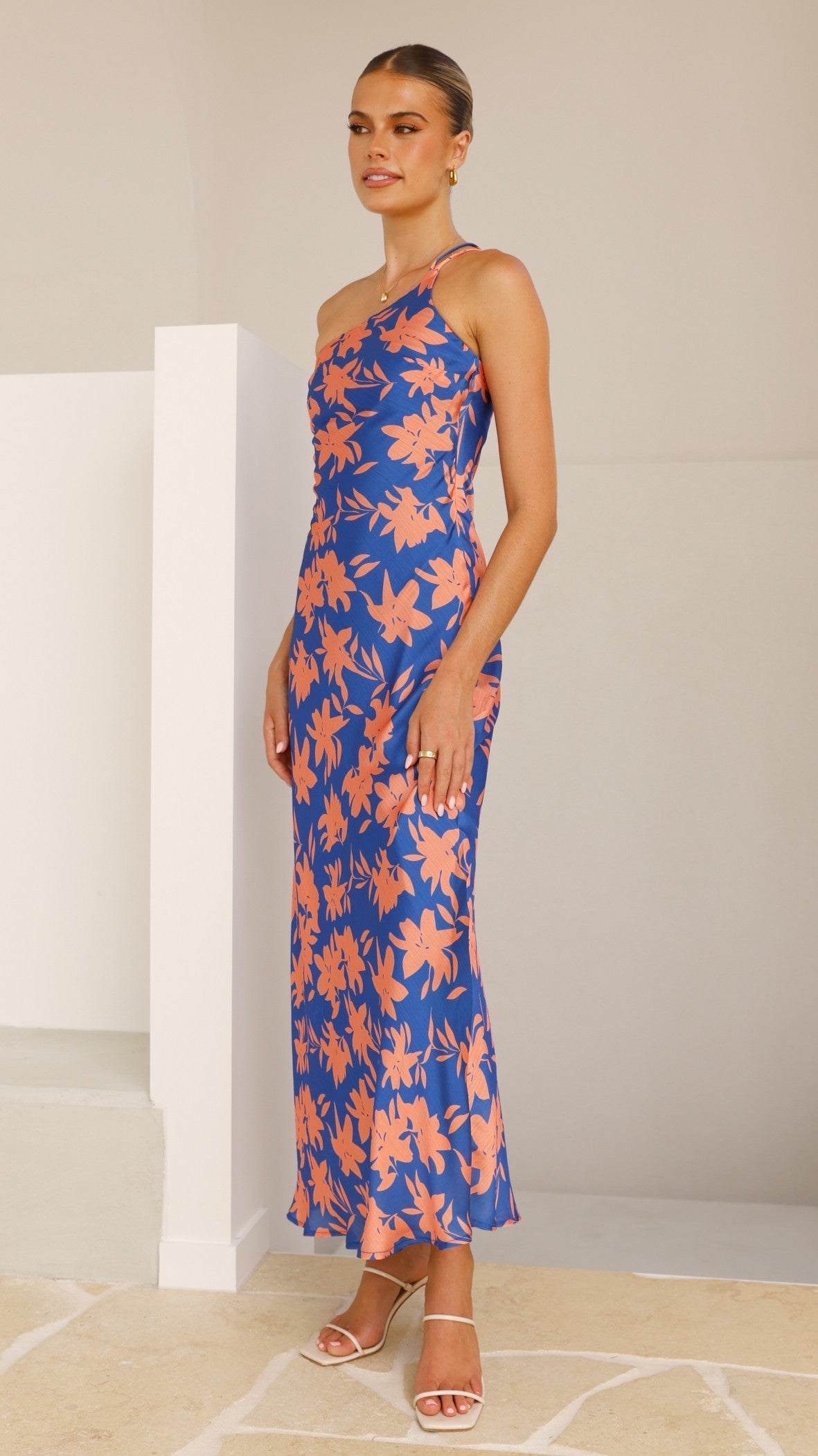 Verity One Shoulder Maxi Dress - Orange/Blue Floral