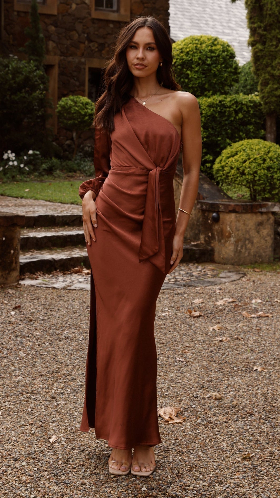 Eden One Shoulder Tie Front Maxi Dress - Rust