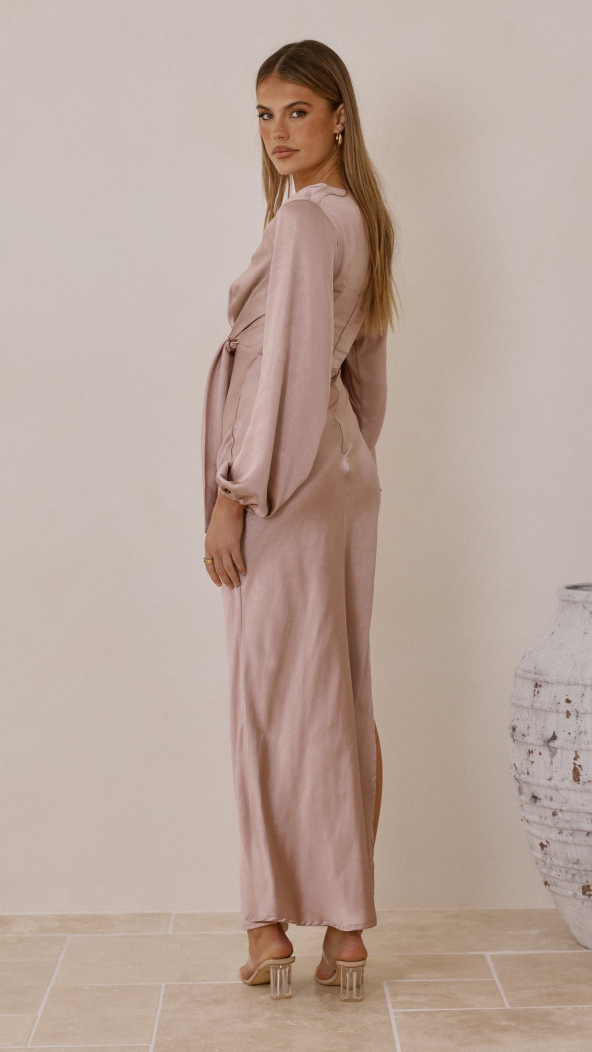 Ivy Long Sleeve Tie Front Maxi Dress - Dusty Pink