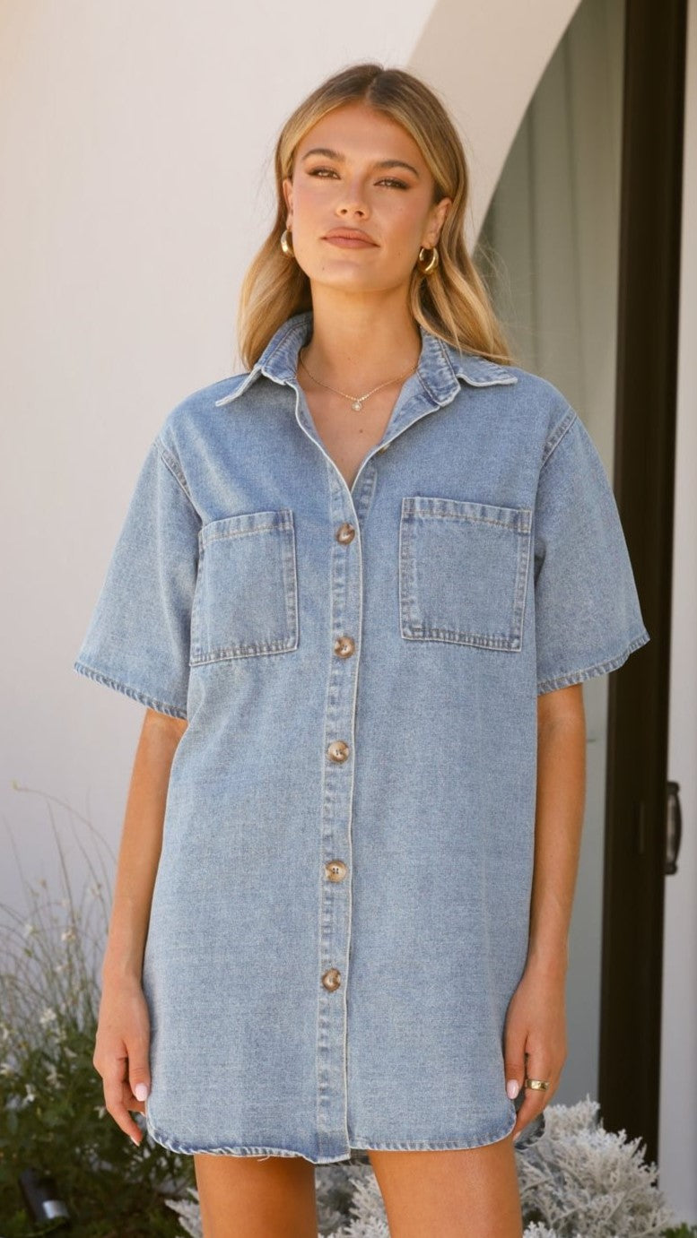 Chaney Button Up Mini Dress - Medium Denim