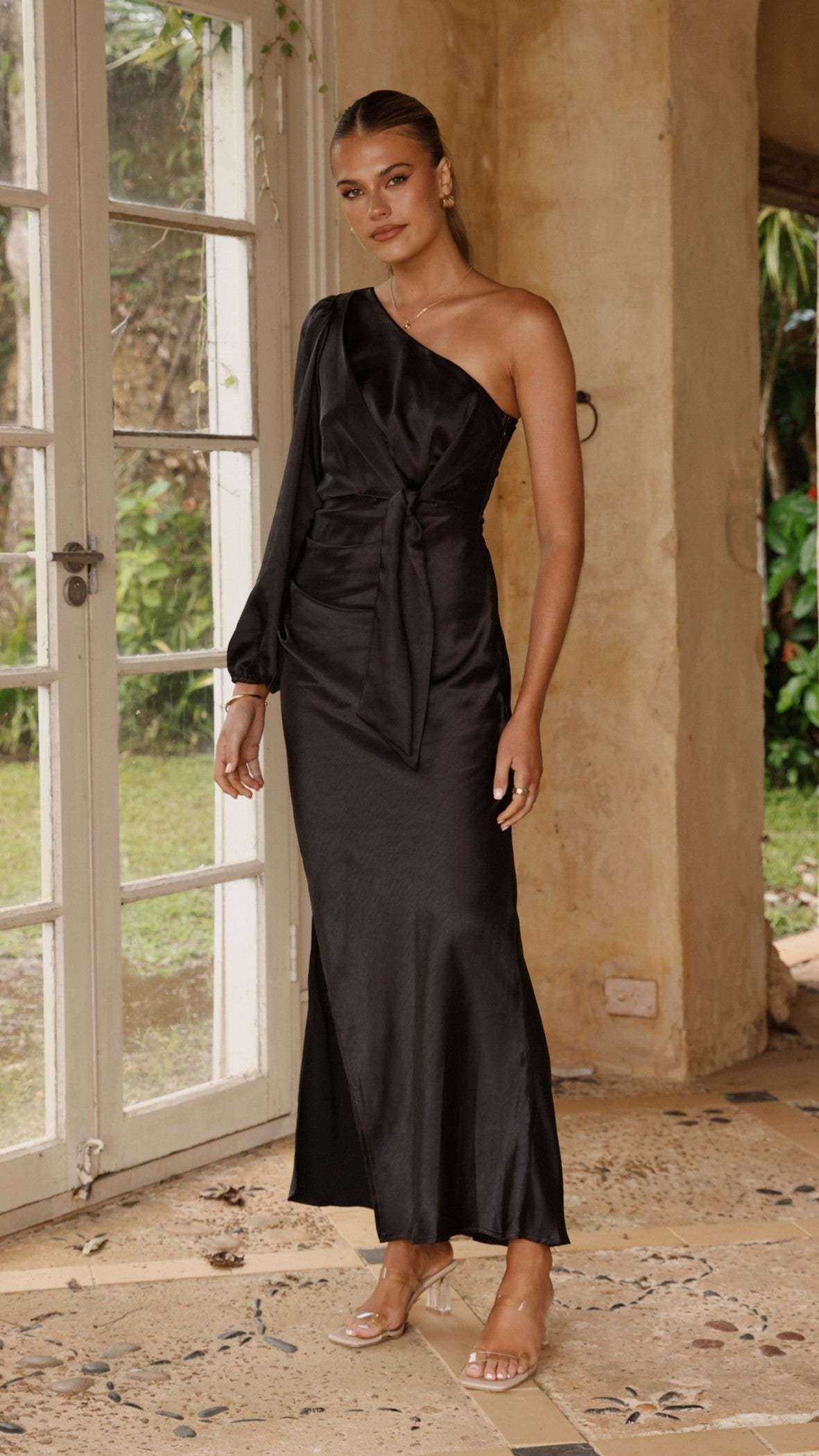 Eden One Shoulder Tie Front Maxi Dress - Black